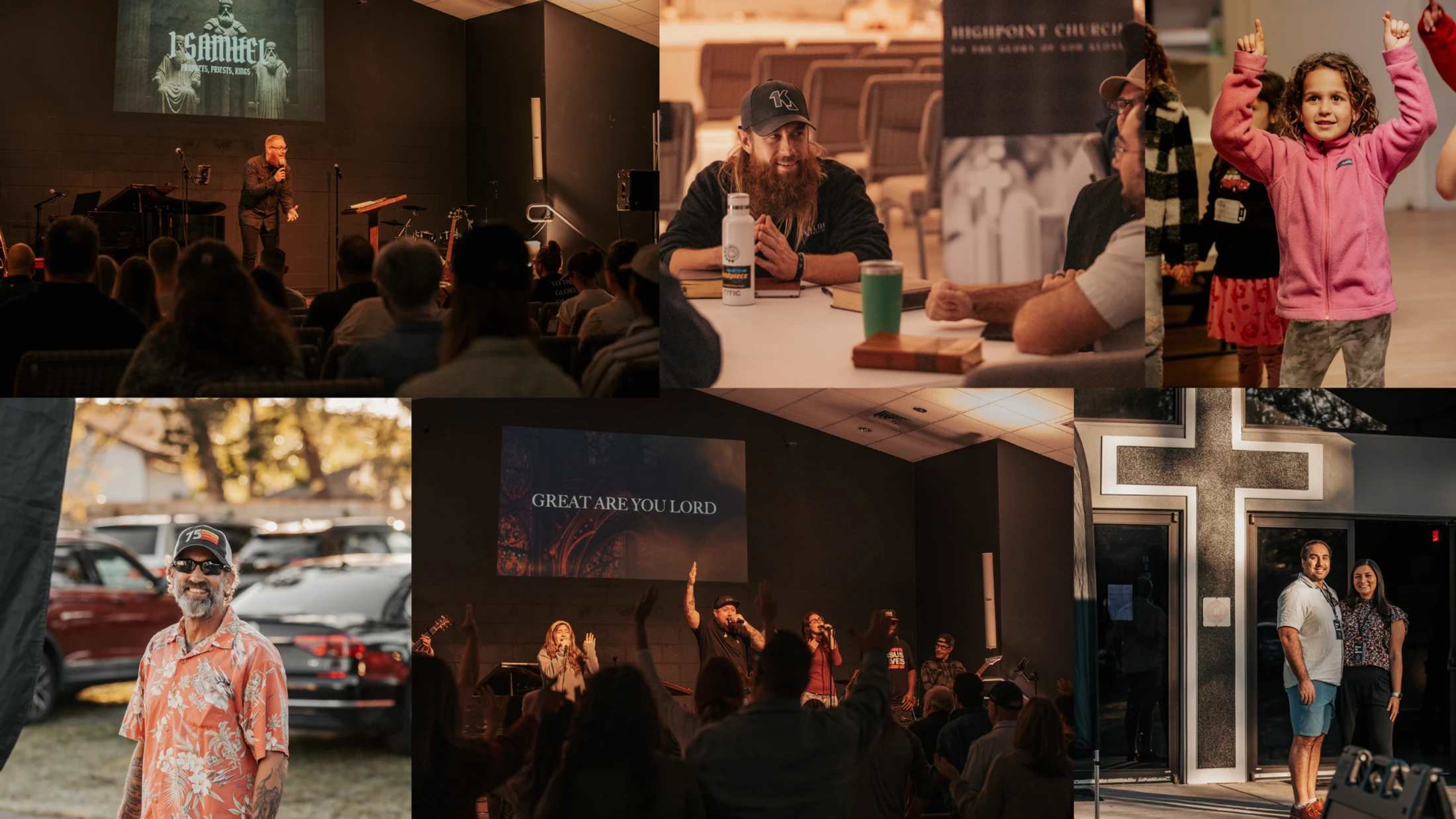 A collage of six photos depicting church life, including a pastor's sermon, a worship band, a small group meeting, a child singing, and members gathering.